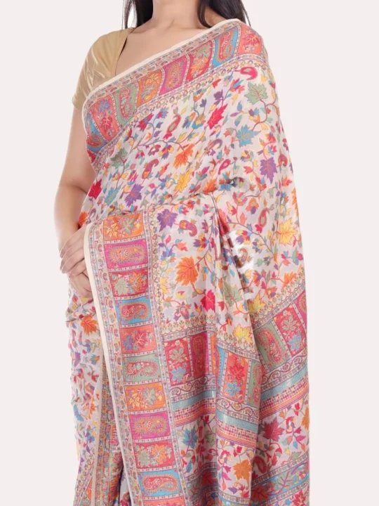 Meeral Luxe Chinar Jamawar Original Cream Kashmiri Soft Silk Kani Saree
