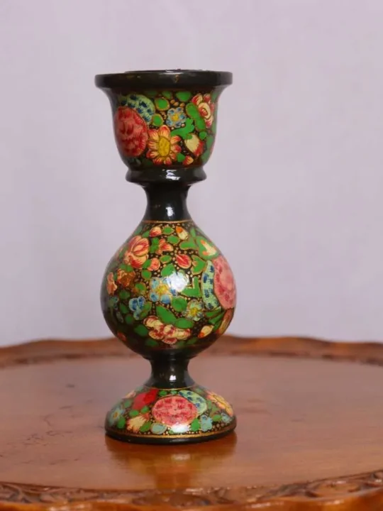 Handcrafted Paper Mache Candle Stand with Kashmiri Floral Art