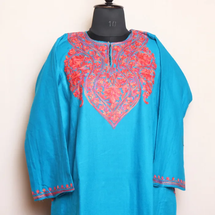 Blue Cashmilon Pheran with Neat Aari Work - Zikr Collection