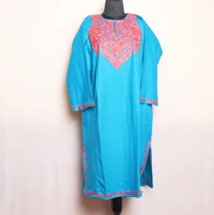 Blue Cashmilon Pheran with Neat Aari Work - Zikr Collection - Image 2