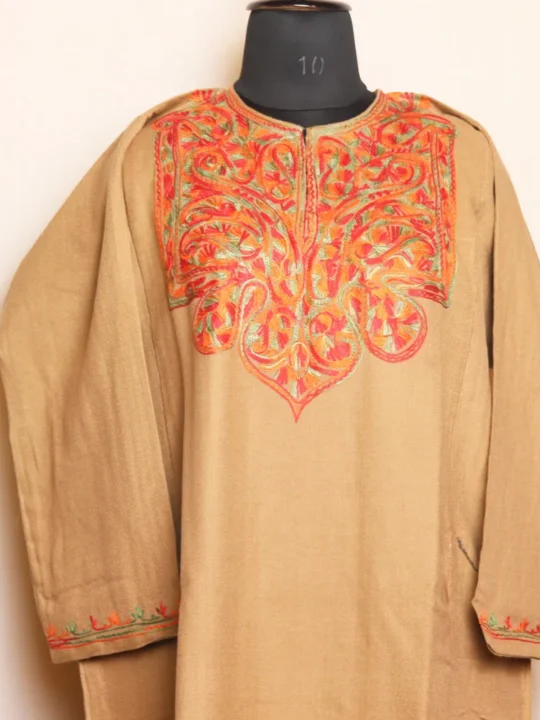 Beige Cashmilon Pheran with Refined Aari Embroidery - Zikr Collection