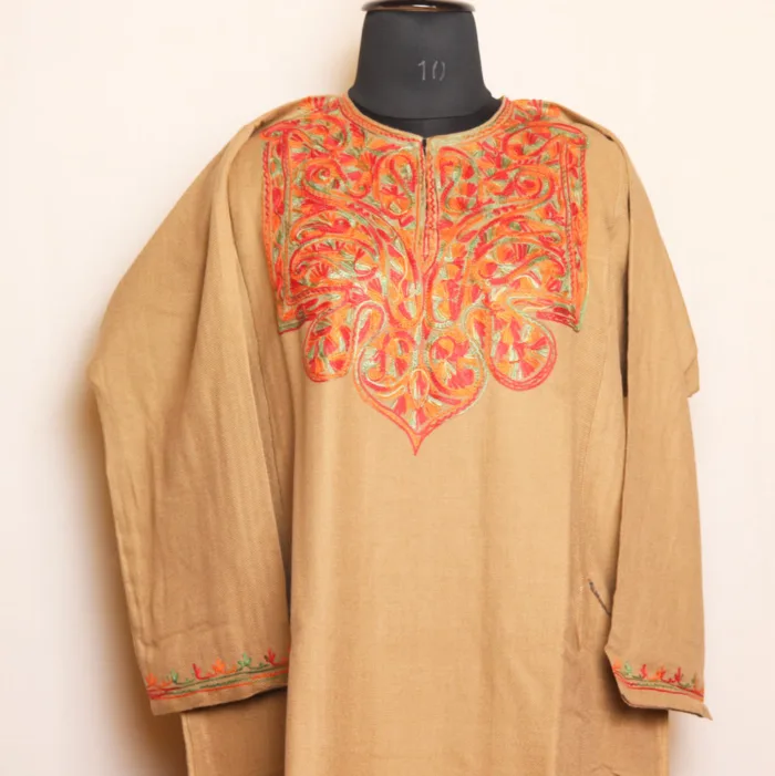 Beige Cashmilon Pheran with Refined Aari Embroidery - Zikr Collection