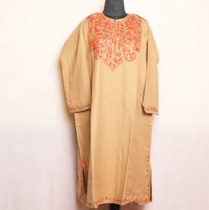 Beige Cashmilon Pheran with Refined Aari Embroidery - Zikr Collection - Image 2