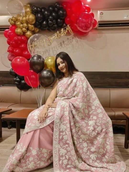 Stylish Pink Chinari Akh Rang Georgette Saree with Intricate Aari Work - Roshe