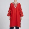 Red Raffal Pheran Highlighted with Hand Sozni and Tilla Embroidered Sleeves - Kohinoor Collection