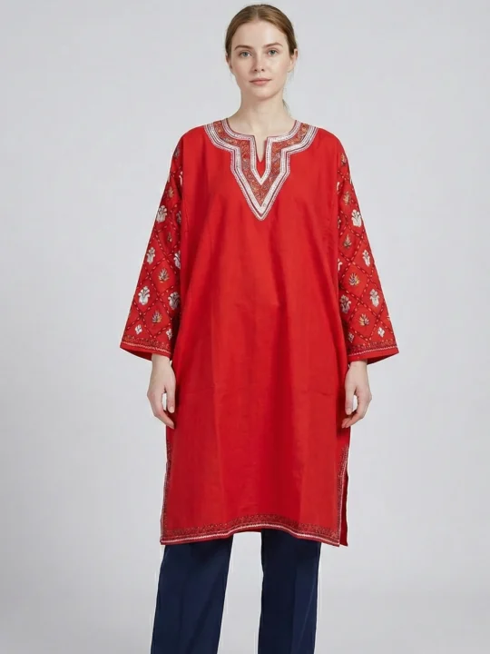 Red Raffal Pheran Highlighted with Hand Sozni and Tilla Embroidered Sleeves - Kohinoor Collection