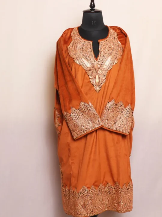 Mustard Velvet Pheran with Heavy Sleeve and Daman Tilla Embroidery - Gulsitan Collection