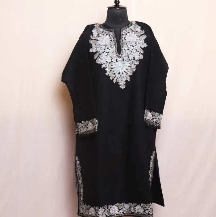 Black Tweed Pheran with Aari and Zari Embroidery - Gulistan Collection - Image 2