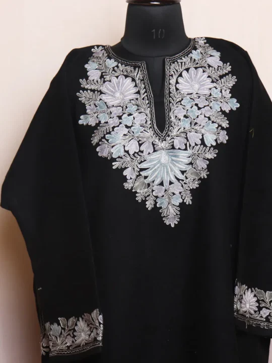 Black Tweed Pheran with Aari and Zari Embroidery - Gulistan Collection