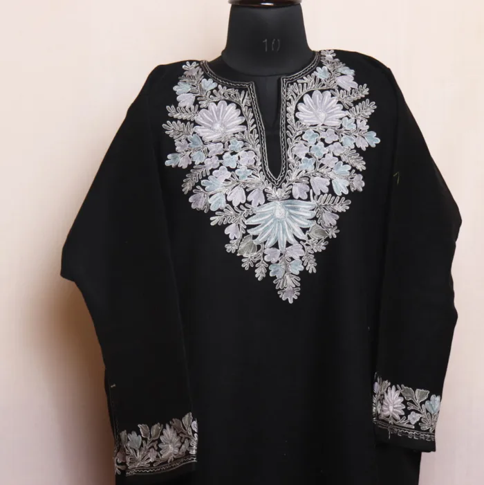 Black Tweed Pheran with Aari and Zari Embroidery - Gulistan Collection