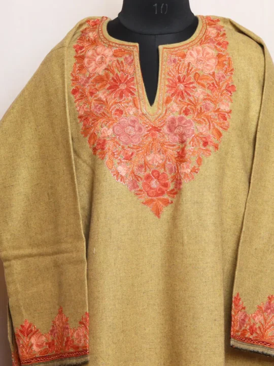 Beige Tweed Aari and Zari Work Pheran for Winter - Gulistan Collection