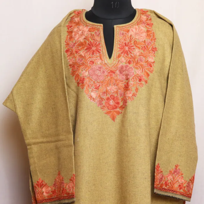 Beige Tweed Aari and Zari Work Pheran for Winter - Gulistan Collection