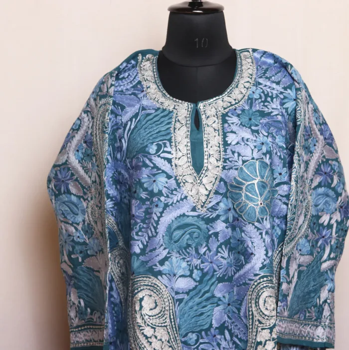 Elegant Teal Blue Jama Aari Pheran in Raffal Wool - Gulistan Collection - Image 2