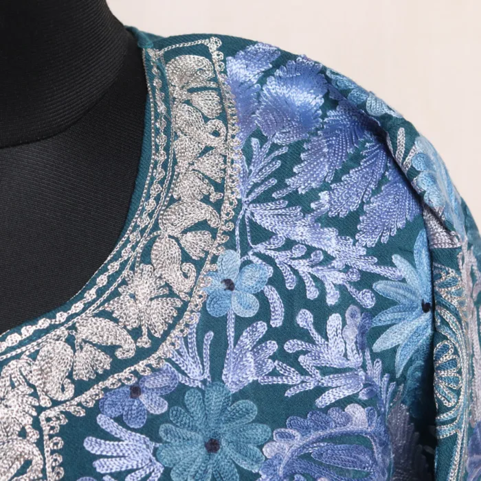 Elegant Teal Blue Jama Aari Pheran in Raffal Wool - Gulistan Collection - Image 3