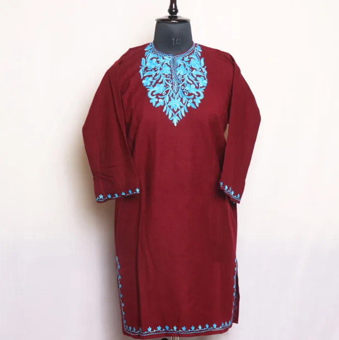 Girls Maroon Short Pheran in Cashmilon With Aari Work - Meesha Collection (L: 37)