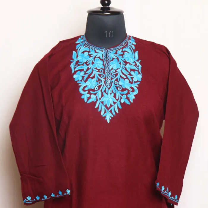 Girls Maroon Short Pheran in Cashmilon With Aari Work - Meesha Collection (L: 37) - Image 2
