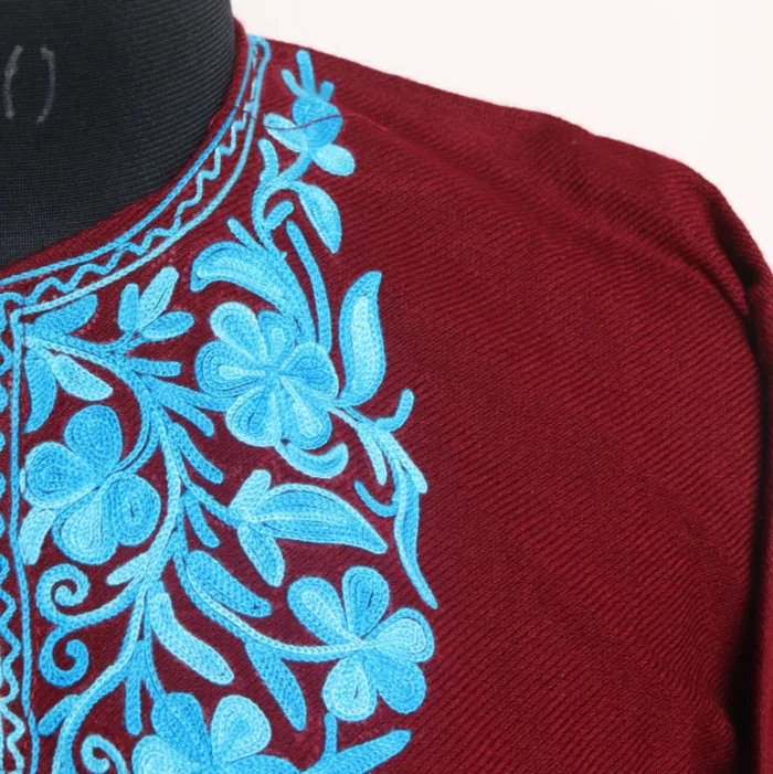 Girls Maroon Short Pheran in Cashmilon With Aari Work - Meesha Collection (L: 37) - Image 3