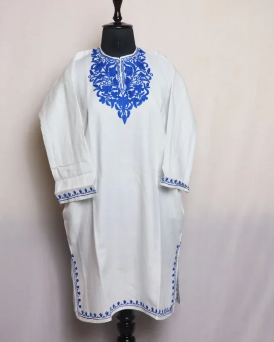 White Cozy Cashmilon Short Pheran With Aari Embroidery - Meesha Collection (L: 39)