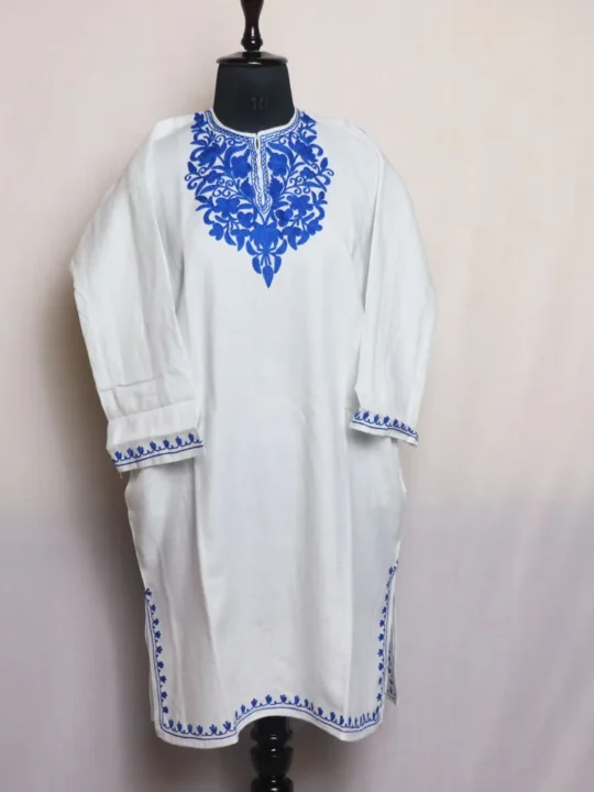 White Cozy Cashmilon Short Pheran With Aari Embroidery - Meesha Collection (L: 39)