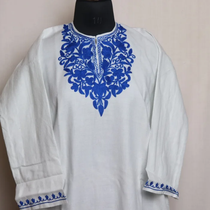 White Cozy Cashmilon Short Pheran With Aari Embroidery - Meesha Collection (L: 39) - Image 2