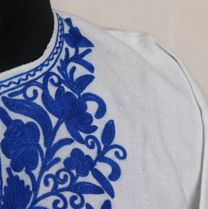 White Cozy Cashmilon Short Pheran With Aari Embroidery - Meesha Collection (L: 39) - Image 3