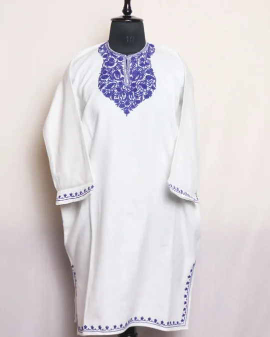 White Short Pheran in Cashmilon With Aari Work - Meesha Collection (L: 39)