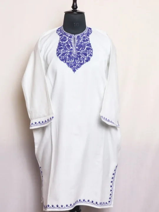 White Short Pheran in Cashmilon With Aari Work - Meesha Collection (L: 39)