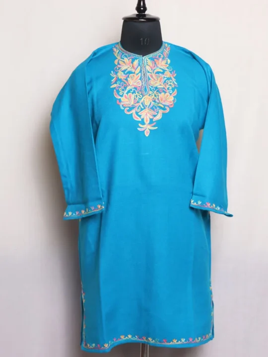 Cozy Sky Blue Cashmilon Short Pheran With Aari Embroidery - Meesha Collection (L: 36)