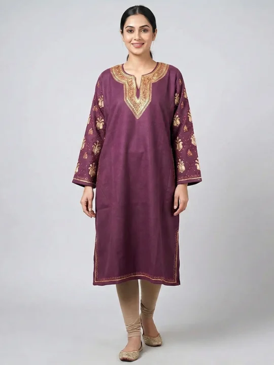 Purple Raffal Pheran with Exquisite Hand Sozni and Tilla Sleeve Embroidery - Kohinoor Collection