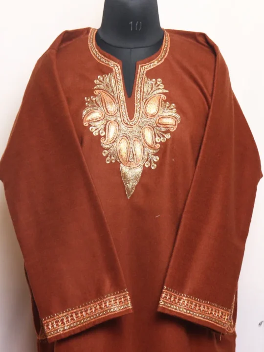 Chocolate Brown Pattu Tweed Pheran Adorned with Tilla Embroidery (48,46)- Kohinoor Collection
