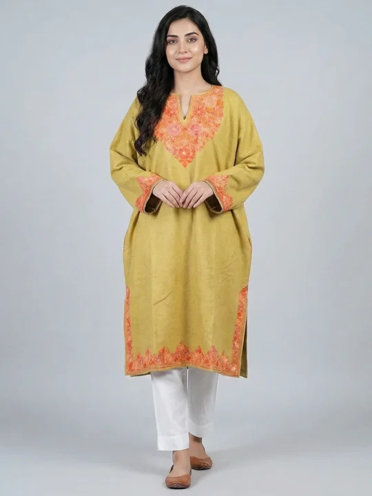 Beige Tweed Aari and Zari Work Pheran for Winter - Gulistan Collection