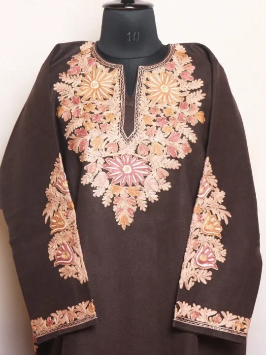 Chocolate Brown Premium Tweed Pheran with Aari and Zari Embroidery - Zohra Collection
