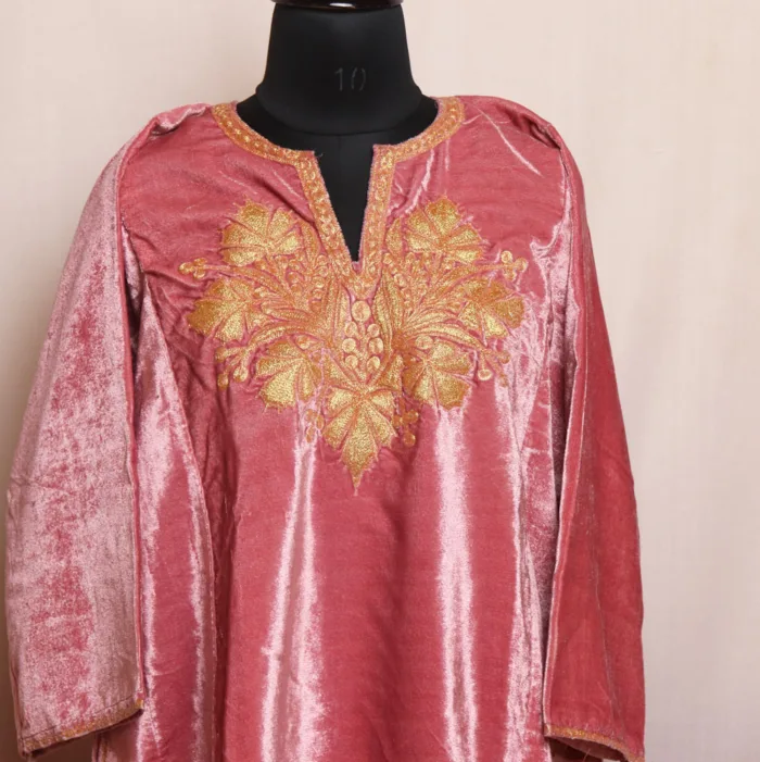 Pink Velvet Pheran Highlighted by Stunning Tilla Patterns - Kausar Collection