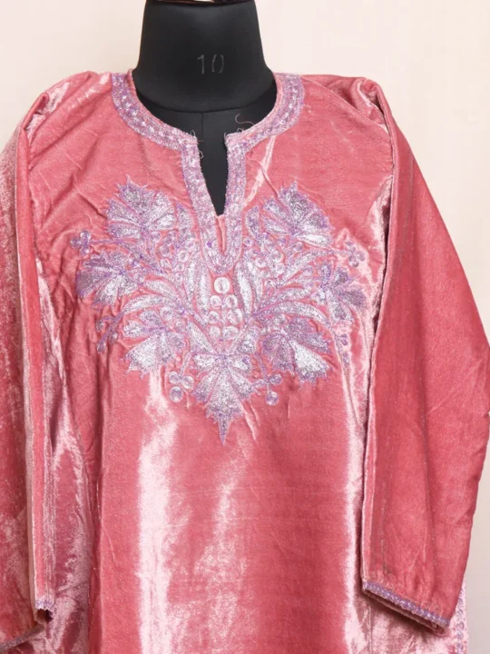 Pink Velvet Pheran Adorned with Beautiful Tilla Detailing - Kausar Collection