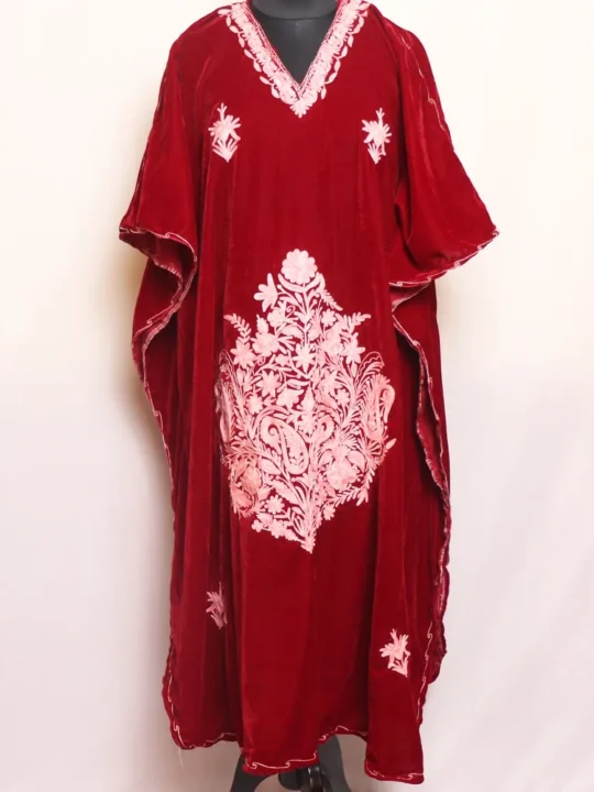 Red Velvet | Makhmal Kaftan Adorned with Beautiful Aari Designs - Kausar Collection