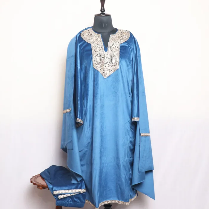 Stylish Blue Velvet Pheran and Woolen Coord Set With Tilla Embroidery - Zarafshah Collection