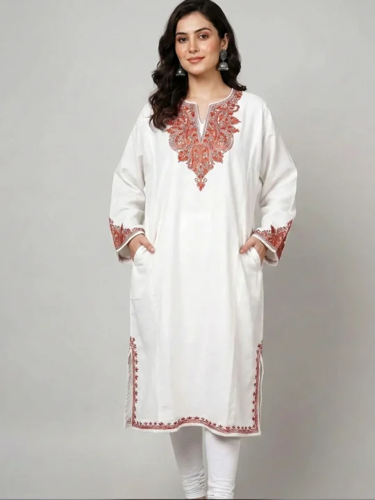 White Cashmilon Pheran | Pheran with Artistic Aari and Fancy Sleeve - Zikaar Collection