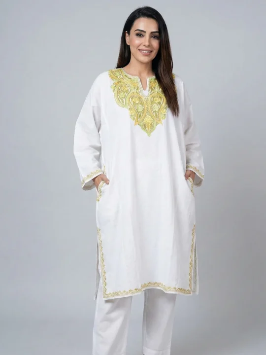 Timeless Kashmiri White Cashmilon Pheran with Aari Design - Khanyar Collection