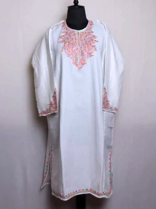 White Cashmilon Pheran with Fancy Sleeve Embroidery - Zikaar Collection