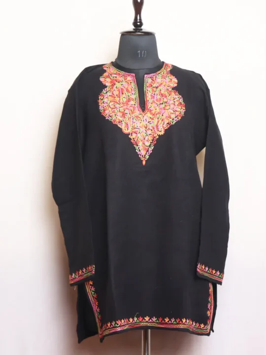 Black Short Woolen Kurta with Detailed Aari Embroidery - Gulnaaz Collection
