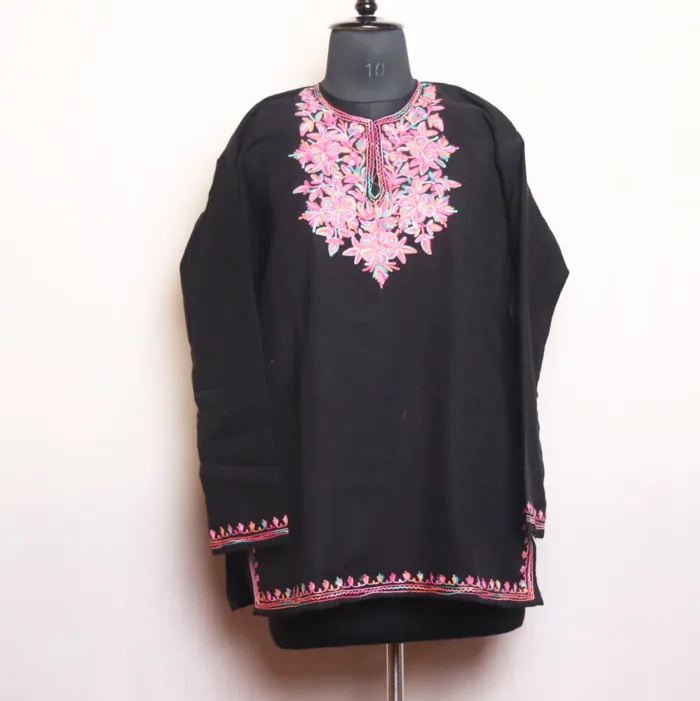 Black Cashmilon Short Woolen Kurta with Delicate Aari Designs - Gulnaaz Collection