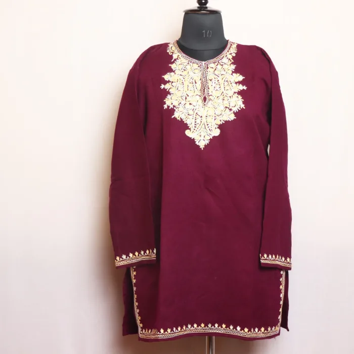 Purple Cashmilon Short Woolen Kurta with Refined Aari Work - Gulnaaz Collection