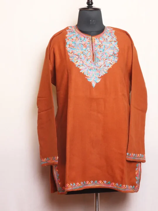 Rust Short Woolen Kurta with Artistic Aari Embroidery - Gulnaaz Collection