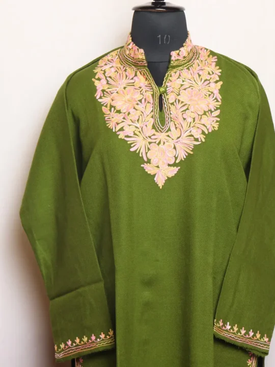 Elegant Aari Embroidered Olive Green Long Kurta - Gulnaz Collection