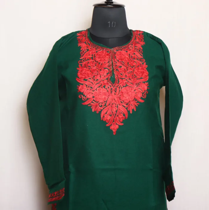 Stylish Aari Worked Dark Green Long Kurta for Modern Women - Gulnaz Collection