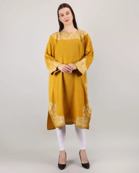 Mustard Kashmiri Raffal Wool Short Pheran with Elegant Aari Work