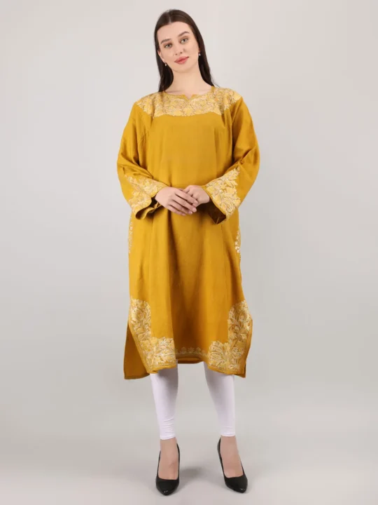 Mustard Kashmiri Raffal Wool Short Pheran with Elegant Aari Work