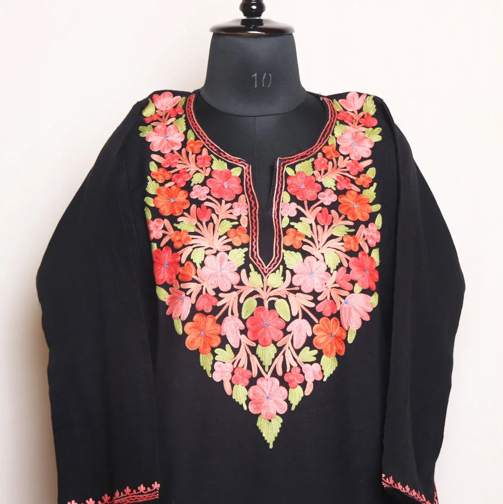 Graceful Black Cashmilon Pheran with Aari Embroidery - Aalamzeb