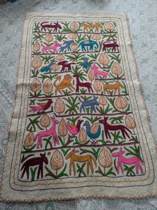 Traditional Kashmiri Wool Namda with Hand Aari Animal designs (6.5 x 4 ft)