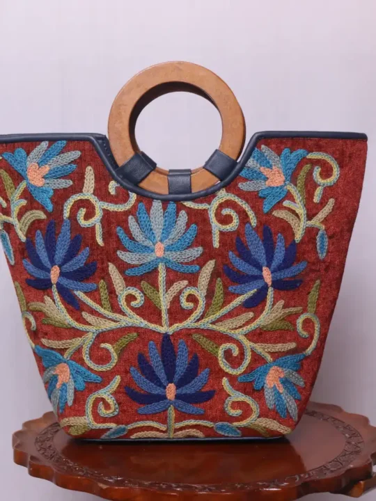 Brown Velvet Basket Bag With Hand Aari Work